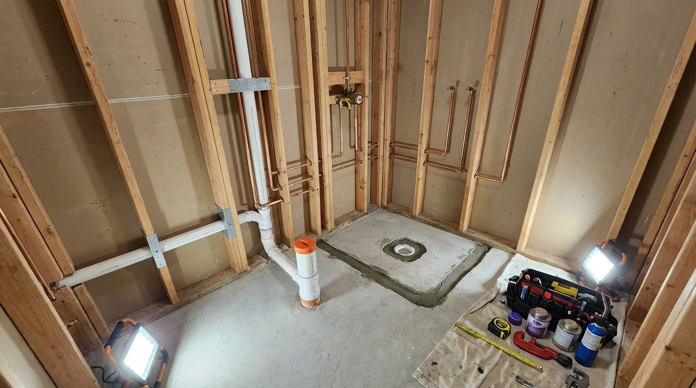 Bathroom rough-in plumbing during remodel by Johns Plumbing LLC in Moultonborough