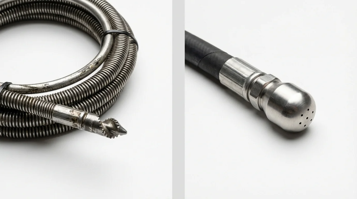 Drain snake cable and hydro jetting nozzle used for drain cleaning in Moultonborough, NH