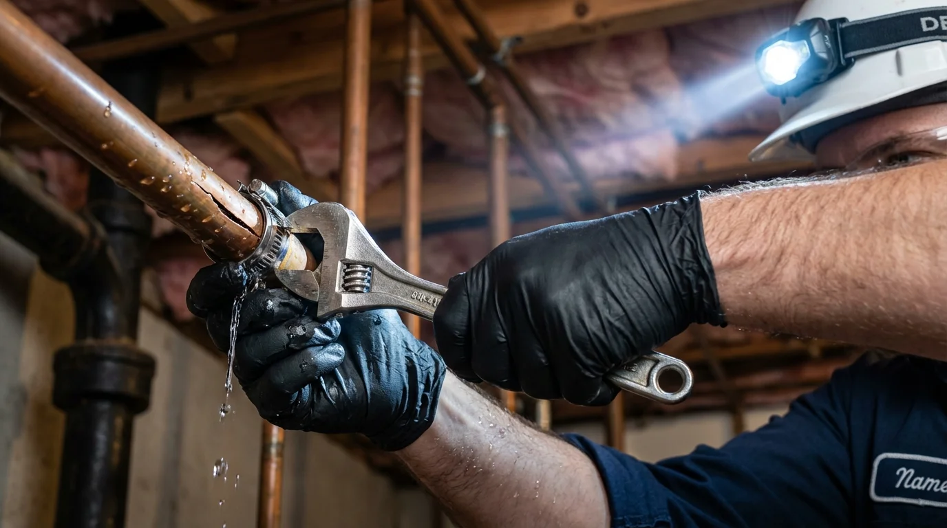 Emergency pipe clamp repair being performed by a Johns Plumbing LLC plumber in Moultonborough