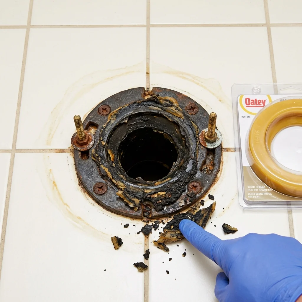 Failed wax ring showing water seepage at the base of a toilet in a Moultonborough, NH home