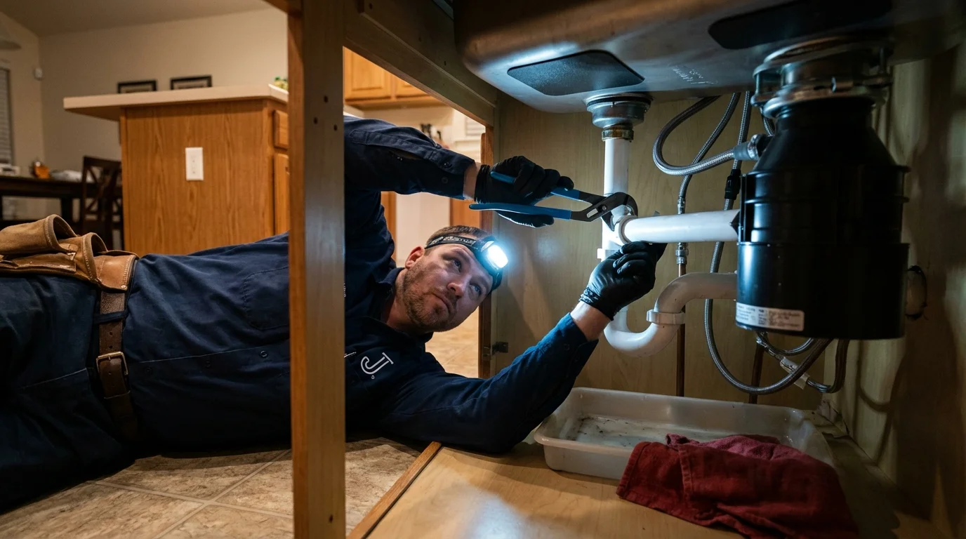 P-trap and supply line connections under a kitchen sink showing a common leak point in Moultonborough, NH